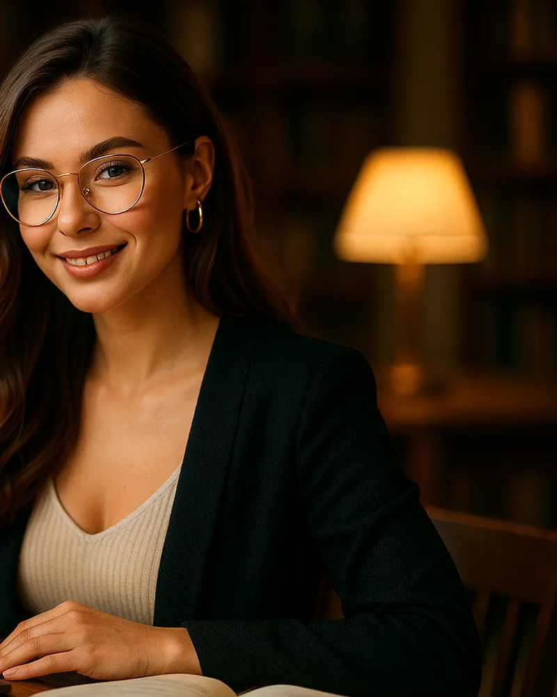 Гламурная студентка в очках за ноутбуком в библиотеке; на фоне размытый студент.